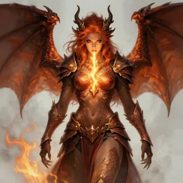 full body portrait of dragon master lady, taned skin, red eyes, wild ginger hair, draconic looking armor, symmetric wings, firebreathing, high fantasy, dnd, highly detailed, perfect face, illustration, by artgerm, greg rutkowski, alphonse mucha