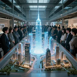 large group people in a glass warehouse, looking at hologram of futuristic city on a table | cinematic concept art | godrays | 4 k | clear details | tabletop model skyscrapers | tabletop model | hologram center