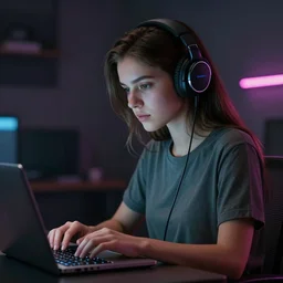 portrait of a girl using headphone working on a laptop, stylized, artgerm, artstation, hd, cgsociety, cgi, realistic, dramatic, cinematic, artistic, trending, detailed