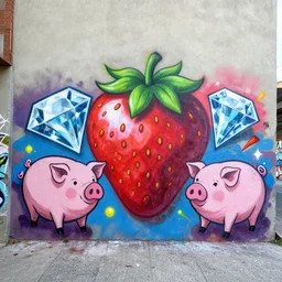 urban art graffiti with strawberry, diamond gemstone, pigs, spray paint