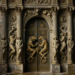an intrincate and ornamental fromt view of the gates of hell, by Rembrandt and Godward, symmetrical composition, symbolist painting, techno gargoyles, entwined bodies, sharp focus, no people 4k, cerberus at the door, wet floor