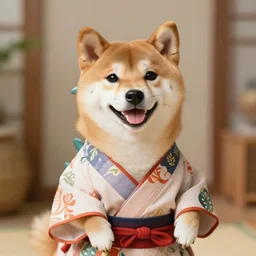a cute adorable animal hybrid shiba innu brontosaurus, smiling, wearing a kimono