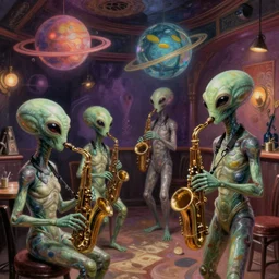 Alien tourists from another planet visit a jazz nightclub in Harlem, an epic painting, volumetric lighting, intricate, elegant, highly detailed, digital painting, artstation, concept art, smooth, sharp focus, art by Maciej Kuciara