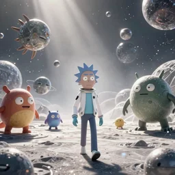 morty in a spacesuit roams the universemorty fights monsters in the universe, beautiful details, wide angle action shot, photorealistic, high end design, 8 k, octane render, neo tokyo nuclear holocaust background, mist, ornate, lasers, volumetric lighting - h 1 2 0 0