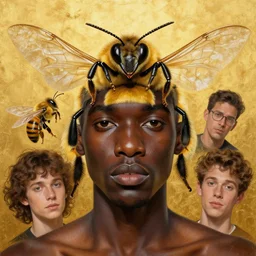 portrait of the god of bees, dark skin. bright gold background. realistic, symmetrical face. art by bowater charlie, mark brooks, julie bell, arian mark, tony sandoval