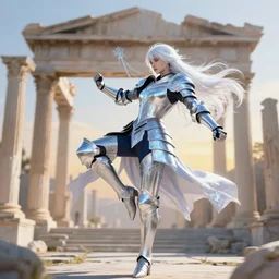 white hair knight of zodiac girl, sliver ice color reflected armor, taekwondo dance in ruined agora of athens sunrise, ssci - fi and fantasy, intricate and very very beautiful and elegant, highly detailed, digital painting, artstation, concept art, smooth and sharp focus, illustration, art by tian zi and wlop and alphonse mucha