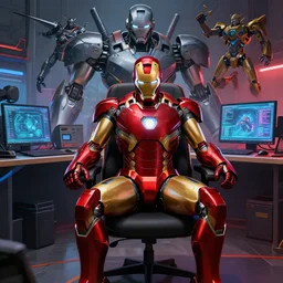 iron man based off of japanese robots culture sit on chair in front of laptop in detailed gamer room, japanese anime robots, cyberpunk concept art, trending on artstation, highly detailed, digital art, 8 k, drawn by jean delville