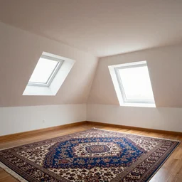 low ceiling attic, with matte white painted ceiling, with 2 rectangular windows opposing each other, with a large square window in the back right corner of the room, with exquisite turkish and persian rugs on the polished plywood floor, XF IQ4, 150MP, 50mm, F1.4, ISO 200, 1/160s, natural light