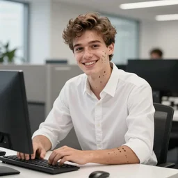 handsome young man with dalmatian skin, sitting at office desk, smiling, hyper realistic, 4 k, bright, happy, photograph, high detail,