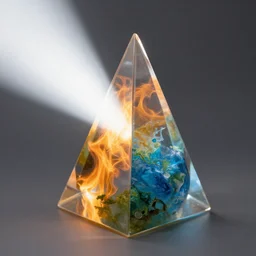 a prism taking in white light on one side and splitting it into fire water wind and earth