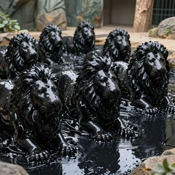 the smooth black lion pack, made of smooth black goo, bathing in the black goo moat in the zoo exhibit, viscous, sticky, full of black goo, covered with black goo, splattered black goo, dripping black goo, dripping goo, splattered goo, sticky black goo. photography, dslr, reflections, black goo, zoo, exhibit