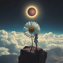 giant white daisy flower blooming over face, girl standing on cliff, surreal photography, solar eclipse, stars, dramatic light, impressionist painting, clouds, digital painting, artstation, james gilleard, liam wong, jeremy mann, simon stalenhag