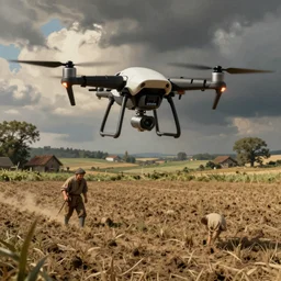 A painting of quadrocopter attack one peasant seeding field, medieval graphic, high detailed, codex