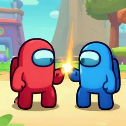 among us game character fighting a fall guys