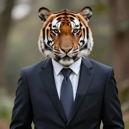 high quality presentation photo of a tiger dressed in a dark business suit and tie, Anthropomorphic, photography 4k, f1.8 anamorphic, bokeh, 4k, 85mm lens