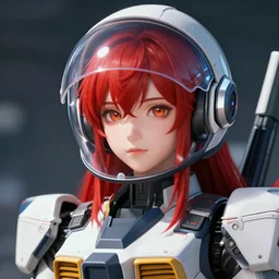 a girl sodier with beautiful face, red hair, wearing gundam mobile suite with glass helmet, ted zhang style, artstation