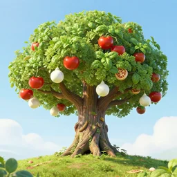 fantasy tree where pizza ingredients grow, tomatoes hanging on branches, mozzarella balls hanging from branches, basil leaves instead of leaves, intricate stem, on a hill, highly detailed 3 d render, full view, wide angle, bright colors, pixar render