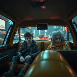 beautiful matte painting of interior of taxi car in cyberpunk new york with a boy and his grandma robogran sitting in the car by greg rutkowski