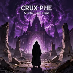 a still of a cloaked figure standing in the ruins of crux prime, destroyed monastery, purple fiery maelstrom in the distance, digital art, artstationhq