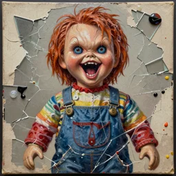 majesty of celestial screaming chucky doll detailed mixed media collage with canvas texture in style of contemporary art, punk art, photorealism, expressionism, masterpiece, perfect composition, spectacular quality, intricate oil details, broken glass photo, torn paper intricate texture, large cracks, liquid glue spots