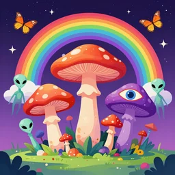 psychedelic mushrooms, enchanted alien world, mushrooms on the ground, aliens, galaxy in the sky, butterflies, occult, illuminati, third eye, rainbows, bright colors, psychedelic, vector art, bla bla bla, stuff and things, fantasy poster by helen huang and frank frazetta and salvador dali and norman rockwell, anime style