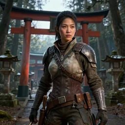 fallout 5, charismatic beautiful rugged asian female protagonist, portrait, outdoors in forest, tori gate and shinto shrine in the background, atmospheric lighting, painted, intricate, volumetric lighting, daytime, winter, clear weather, sharp focus, ultra detailed, art by william turner