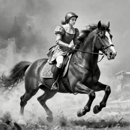 the young joan of arc on a charging horse, hyperdetailed, dramatic, energetic, black and white, by christophe young, by greg rutkowski, by loish