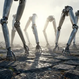 a field of biomechanical arms and legs growing out of the stone ground, backlit, concept art