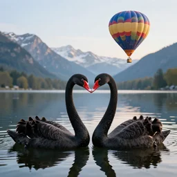 photo of two black swans swimming in a beautiful reflective mountain lake, touching heads, forming a heart with their necks, a colorful hot air balloon is flying above the swans, hot air balloon, intricate, 8k highly professionally detailed, HDR, CGsociety