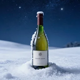 wine bottle artistically buried in the snow, starry night sky