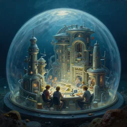 close view of people working in an undersea domed city in the ocean, smooth, round,, concept art, high contrast, rim lighting, by greg rutkowski, ilya kuvnishov, highly detailed, painting, beautiful moment, radiant light, intricate brush strokes, global illumination, intricate and detailed environment.