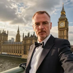 walter white doing a selfie from the top of the big ben in london, realistic, cool, nice, beautiful