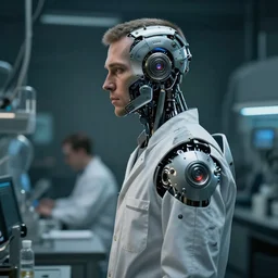 a laboratory operator man with cybernetic enhancements seen from a distance, halfbody portrait, scifi character portrait by greg rutkowski, craig mullins, daytoner, cinematic lighting, dystopian scifi gear, profile picture, mechanical, cyborg, half robot