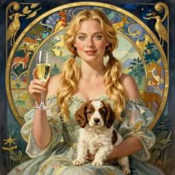 blonde margot robbie with pigtails with glass of champagne in her hand and a spaniel puppy on her lap. art by mucha