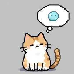 pixel art of a cat dreaming. the dream is visible in a thinking bubble