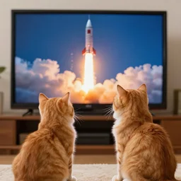 1 9 8 0's color photo of cute ginger cats looking at rocket lift - off in tv