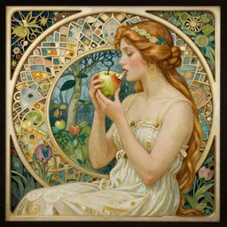 a full view intricate art noveau painting of eve eating the forbidden apple in the garden of eden while the serpent watches her from a tree. neon light, masterpiece 4 k digital illustration by ruan jia and mandy jurgens and artgerm and william - adolphe bouguereau, award winning, artstation, intricate details, realistic, volumetric lighting, hyperdetailed, 8 k resolution,