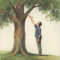 A detailed painting of a man longer than a tree