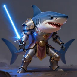 anthropomorphic thresher shark with legs in knight armor, holding lightsaber, fantasy, digital painting, dramatic lighting, vibrant setting, realistic shading, unreal engine 5, concept art, ultra detailed, trending artstation