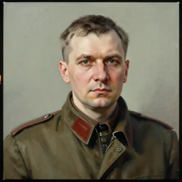 a soviet man portrait, frontal view, artistation render, 24mm film