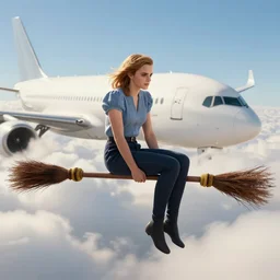 Emma Watson sitting on a broomstick flying in the clouds next to an airliner, full body shot