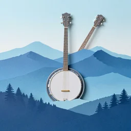 mountain range, a banjo emerging behind the blue ridge mountain range, paper art