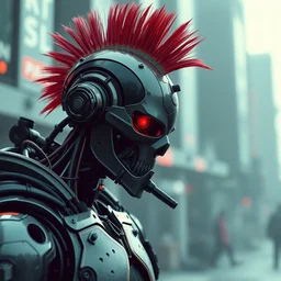 photorealistic render, hyper - detailed, of an anarchist punk robot with a mohawk, cyberpunk, dystopian, sci - fi, urban