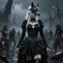 a realistic detail of a pretty dragon huntress dress black clock and wolf mask, has white hair and green eyes in the battlefield, Underworld, abandoned, shining star, traveller, raining, mist, goth by Wolp, Sparth, Mark Brooks, Brad Kunkle, Vincent di fate, Paul-chadeisson, Dylan Cole, Jin Kim,Denis Villeneuve, Ben Nicholas, Anton Fadeev, thomas kinkade, rutkowski, Finnian MacManus, Syd Mead, Tsutomu Kitazawa, Trending on artstation black scheme, 8k, Unreal Engine 5