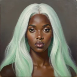 a detailed matte oil on canvas head on symmetrical portrait of black skinned woman with long white and ( ( ( pale green ) ) ) hair, clothed by charlie bowater, lise deharme, wlop, trending on artstationhd, dungeons and dragons art critical role
