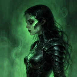 side profile, imogen poots, mind fractured, dark armor, luminescent, haunted, evil inky swirly ripples, sickly green colors, by greg manchess, huang guangjian, gil elvgren, sachin teng, greg rutkowski, jesper ejsing, ilya kuvshinov
