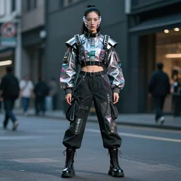 asian woman full body photo on street, wearing cyberpunk techwear streetwear clothes, wearing transparent glass mask, chrometype aesthetics, highly detailed, by andrew chiampo, beeple, artstation, and frederik heyman, extremely detailed woman, stunning volumetric lighting, hyper realism, fantasy, intricate