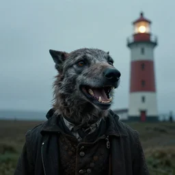 the porttait of grinning harrier du bois, still frame from the lighthouse ( 2 0 1 9 ) movie by robert eggers inspired by disco elysium, anamorphic lens, optical flares, 8 k