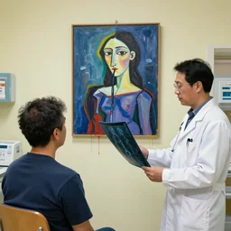 a doctor examinating a x - ray of a patient that swallowed a painting by picasso in a hospital filled with dripping colors in the style of jackson pollock