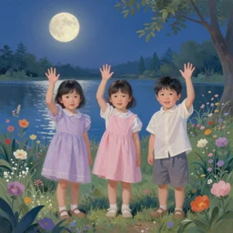 portrait painting of cute little kids waving their hands, full body framing, dreamy matte colors, from a dreamy garden by the lake, night time, photorealistic faces and skin tones, volumetric lighting, smooth, trending on artstation, moonlit backdrop, 4 k